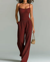 ElevenOra Stilvolles Kamel Strappy Ärmelloses Tailliertes Weites Bein Geripptes Strick-Jumpsuit in Dunkelrot