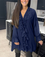 Aurora - Lange Bluse mit V-Ausschnitt in Marineblau