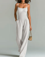 ElevenOra Stilvolles Kamel Strappy Ärmelloses Tailliertes Weites Bein Geripptes Strick-Jumpsuit in Weiß