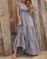 Bohemien Kleid mit V Ausschnitt und Blumenprint kurze Ärmel in Grau
