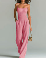 ElevenOra Stilvolles Kamel Strappy Ärmelloses Tailliertes Weites Bein Geripptes Strick-Jumpsuit in Rosa