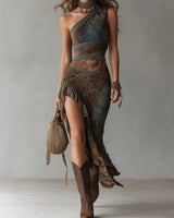 Deryn - One-Shoulder-Maxikleid mit Print in Grau