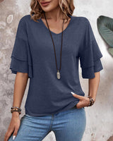 Ella | Halbarm-Bluse mit V-Ausschnitt in Indigo