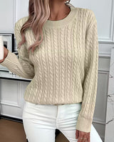 Doris | Damen Gemütlicher Winter-Zopfmuster-Strickpullover in Khaki