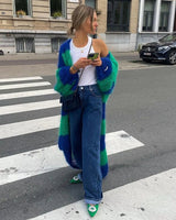 Yalondra | Langer Mohair-Streifen-Cardigan in Grün Blau
