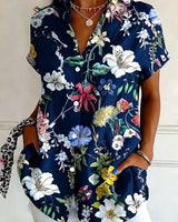 Nabilah - Lässiges Kurzarm Oberteil Mit Blumenmuster in Marineblau