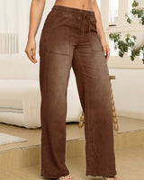 Verstellbare Kordelzug Taille Weite Bein Jeans für Frauen in Kaffee