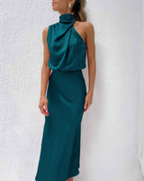 LARA | SATIN KLEID in Petroleum blau