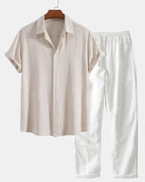 Button-Up Hemd und gerade geschnittene Hose aus Leinen-Rayon-Mischung in Beige
