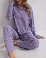 Damen Ripp Lounge Set mit langen Ärmeln in Lila