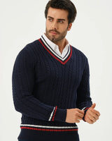 Kace | Weißer V-Ausschnitt Kabel Gestrickter Streifenpullover in Marineblau
