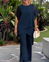 Theresa | Zweiteiliges Set für Damen mit asymmetrischem Oberteil und weiter Hose in Marineblau