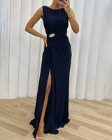 Olive | Plissee Maxi Hochzeitsgastkleid in Marineblau