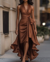 Denira - Schimmerndes drapiertes Wickelkleid in Braun