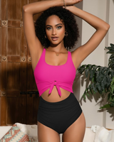 Viola | Einteiliger Badeanzug mit Streifen, Cut-Out und Bauchkontrolle in Knallpink-Schwarz