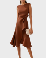 Olga | Asymmetrisch Ärmellos Midikleid in Kaffeebraun