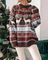 Carolin | Damen-Weihnachtspullover mit Rentiermuster in Braun