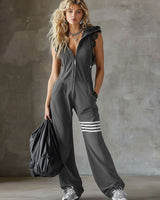 Retro-inspirierter schwarzer ärmelloser Kapuzen-Jumpsuit mit sportlichen Spitzenstreifen in Grau