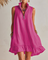 Helles Orange Leinen Halb-Reißverschluss Mini-Kleid mit Rüschensaum und Stehkragen in Magenta