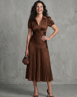 Theodora | Plissierter Taillenstreifen Midi-Kleid in Braun