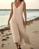 Brina - Elegantes Ärmelloses Maxikleid Mit V-ausschnitt in Khaki