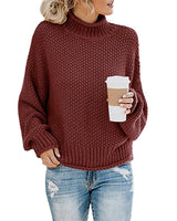 Damen nan Oversize Strickpullover mit Rollkragen, grobem Strukturstrick und Ballonärmeln Drune in Dunkles Weinrot