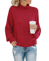 Damen nan Oversize Strickpullover mit Rollkragen, grobem Strukturstrick und Ballonärmeln Drune in Weinrot