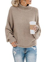 Damen nan Oversize Strickpullover mit Rollkragen, grobem Strukturstrick und Ballonärmeln Drune in Khaki