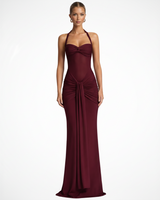 Céline | Damen Neckholder Maxikleid Raffung Hochzeitsgast – Halter Maxi 2026 in Burgunderrot