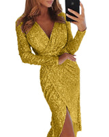 Damen nan glitzerndes Wickel-Midikleid mit V-Ausschnitt langen Ärmeln seitlichem Beinschlitz Drune in Gold