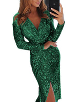 Damen nan glitzerndes Wickel-Midikleid mit V-Ausschnitt langen Ärmeln seitlichem Beinschlitz Drune in Grün