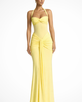 Céline | Damen Neckholder Maxikleid Raffung Hochzeitsgast – Halter Maxi 2026 in Gelb