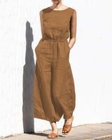 Gerader Jumpsuit mit Falten am Revers ohne Gürtel - Nora in Kamel