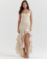 Annika | Damen Korsett Maxikleid Rüschen – Elegantes Korsett Maxi Kleid 2026 in Elfenbein Arabella
