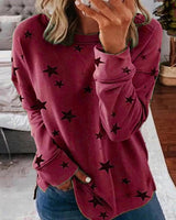 Damen nan locker geschnittenes Sternen-Print Sweatshirt mit Rundhalsausschnitt, verlängertem Rücken und seitlichen Schlitzen Drune in Weinrot