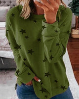 Damen nan locker geschnittenes Sternen-Print Sweatshirt mit Rundhalsausschnitt, verlängertem Rücken und seitlichen Schlitzen Drune in Grün