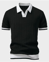 Arleno - Strukturiertes Strickpoloshirt mit V-Ausschnitt in Schwarz