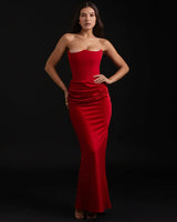 Sabrina | Damen Trägerloses Korsett Maxikleid Satin – Satin Korsett Maxi 2026 in Rubin