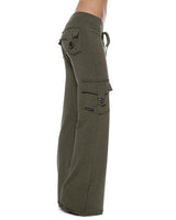 Damen nan lässige Low-Rise Cargo-Loungehose mit weitem Bein, breitem Komfortbund und dekorativen Klappentaschen Drune in Grün