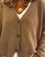Birgit | Damen Freizeit-Strickjacke mit V-Ausschnitt und Knöpfen in Khaki