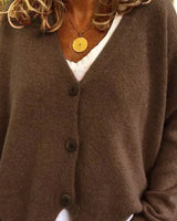 Birgit | Damen Freizeit-Strickjacke mit V-Ausschnitt und Knöpfen in Kaffee