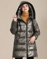 Katty - Glänzende Winterdaunenjacke aus gestepptem Nylon mit Kapuze für Frauen in Silber