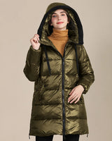 Katty - Glänzende Winterdaunenjacke aus gestepptem Nylon mit Kapuze für Frauen in Gold