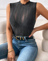 Laura | Elegantes Glitzer Stehkragen Trägerhemd in Schwarz