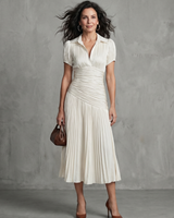 Theodora | Plissierter Taillenstreifen Midi-Kleid in Weiß