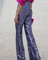 Karin | Damen Glänzende Pailletten-Bell-Bottom-Hose in Dunkelblau
