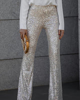 Karin | Damen Glänzende Pailletten-Bell-Bottom-Hose in Champagner