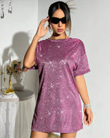 Luisa | T-Shirt-Kleid mit schulterfreiem Paillettenbesatz in Rosa
