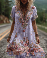 Ruby – Blossom bestickte V-Ausschnitt Kleid in Lila