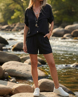 Amelia Damen Leinen Zweiteiler mit Hemd und Shorts in Schwarz